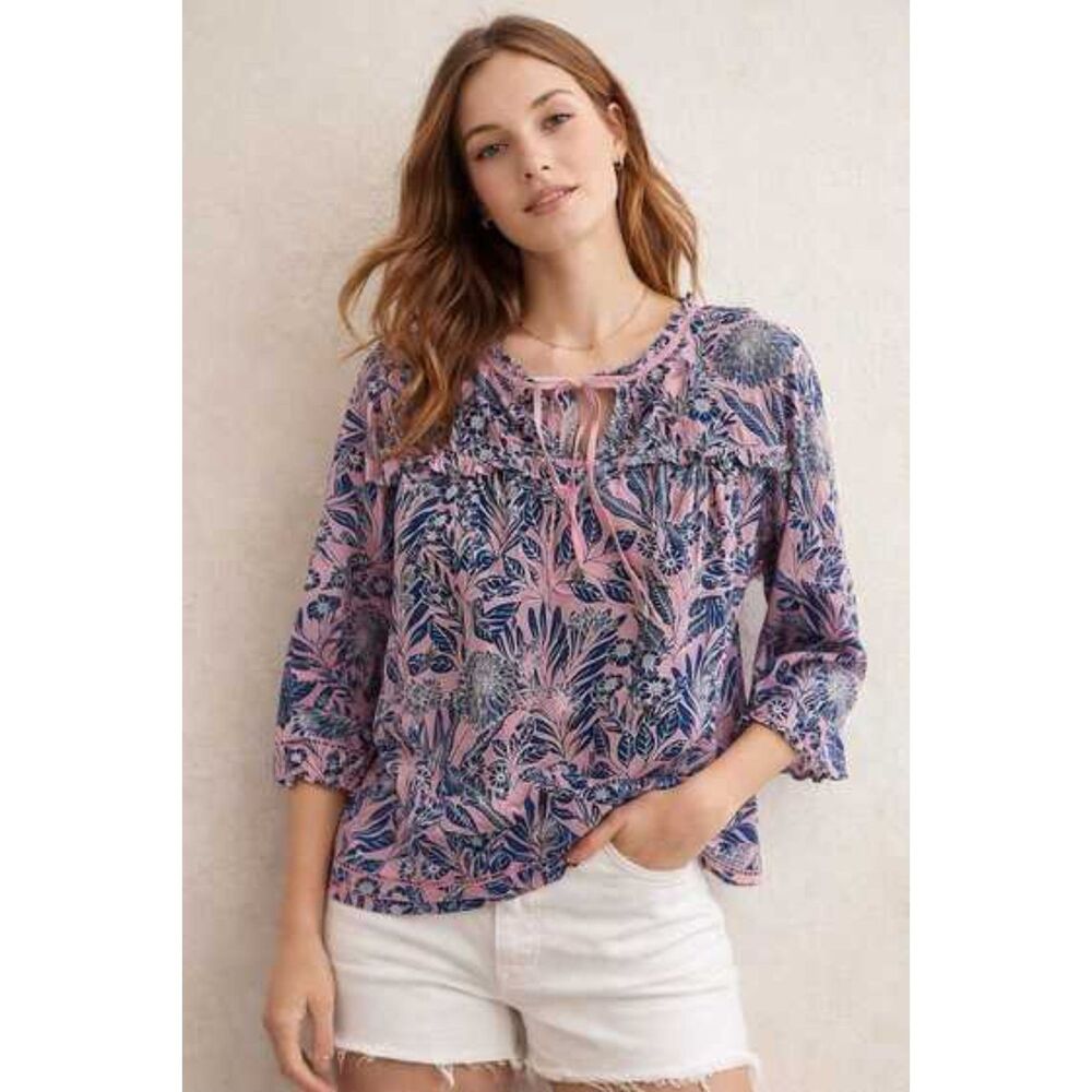 Abigail Borg x J.Crew Floral Silk Cotton Blend Popover Top Pink Blue Preppy NWOT